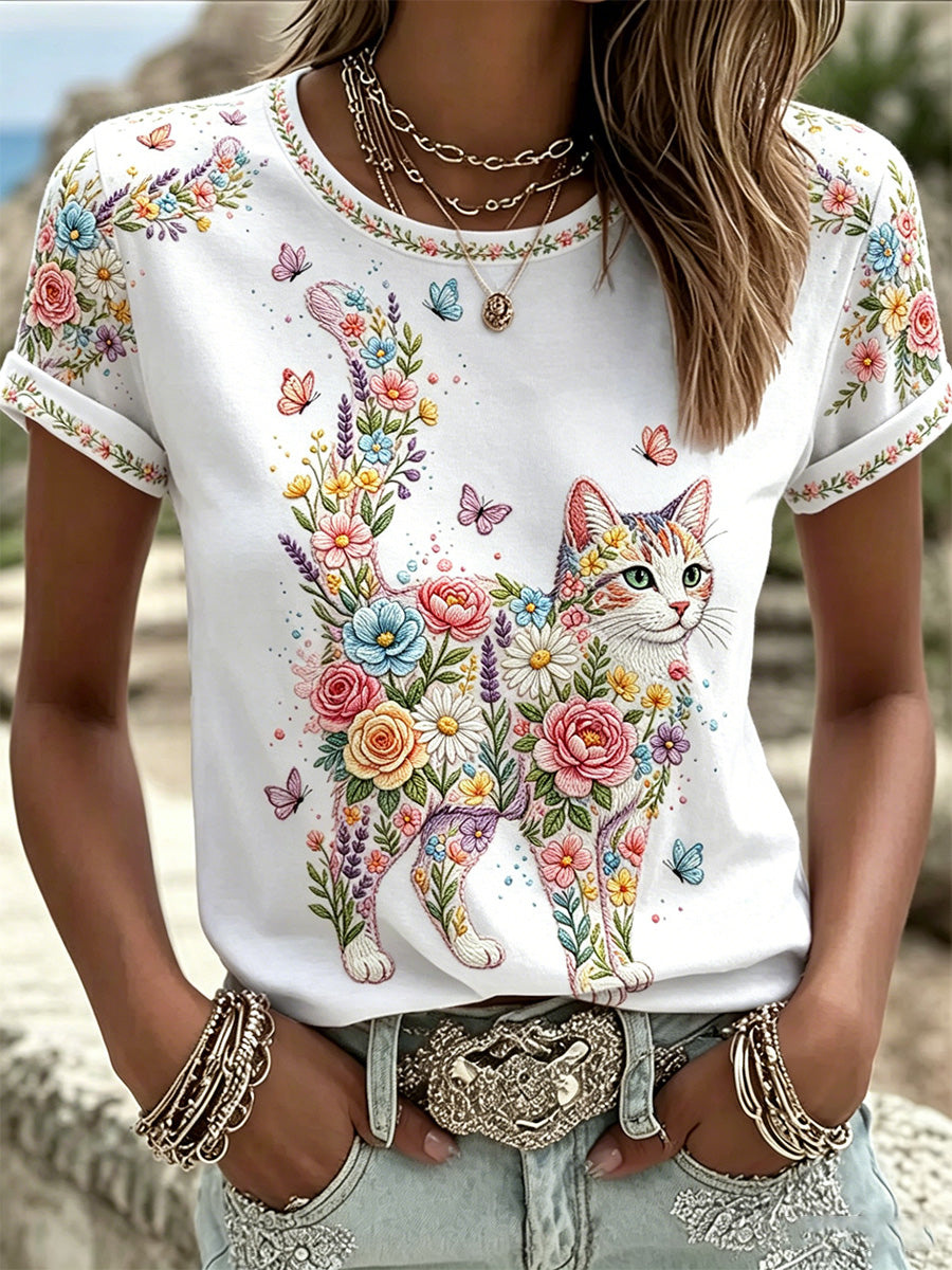 Kvinders blomsterkatte Print Casual Tee