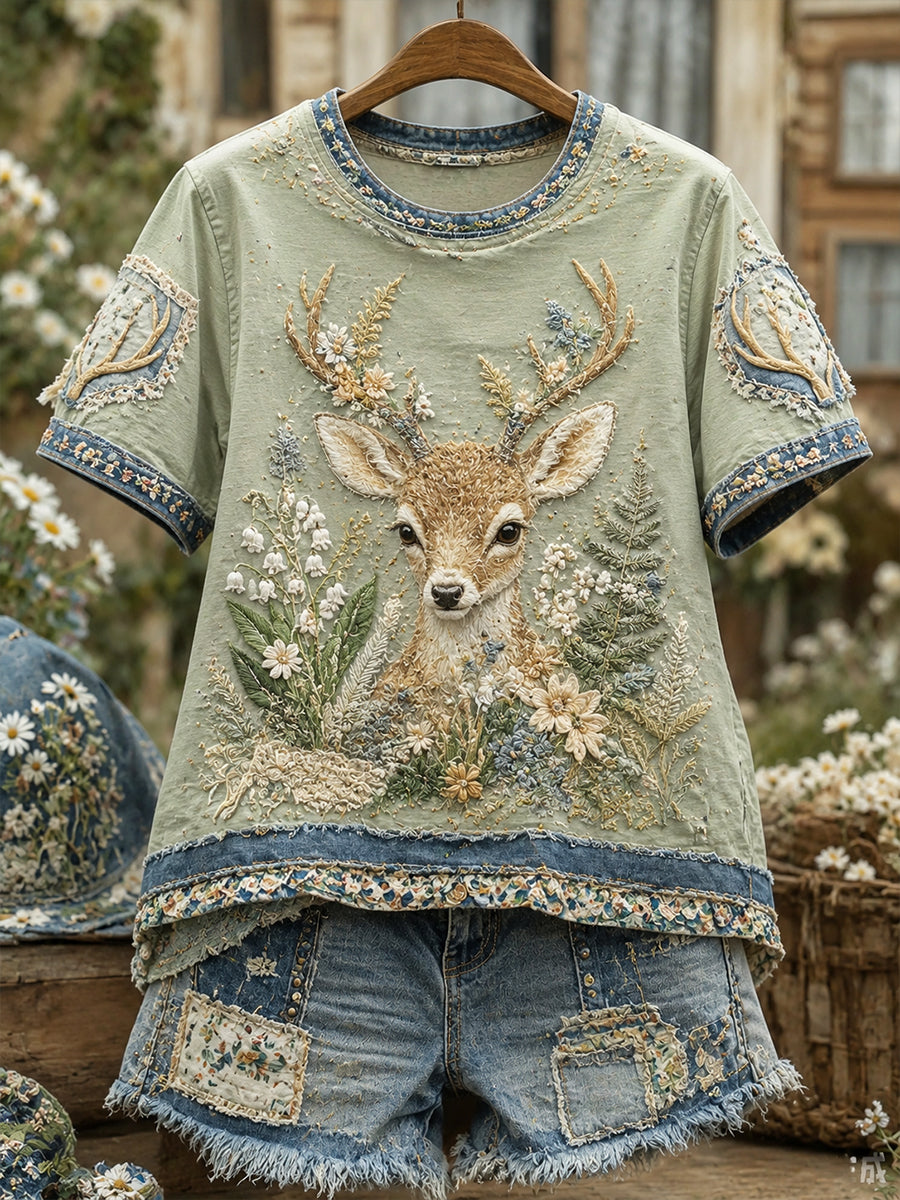 Kvinders Vintage blomster og hjort kollage kortærmede T-shirt