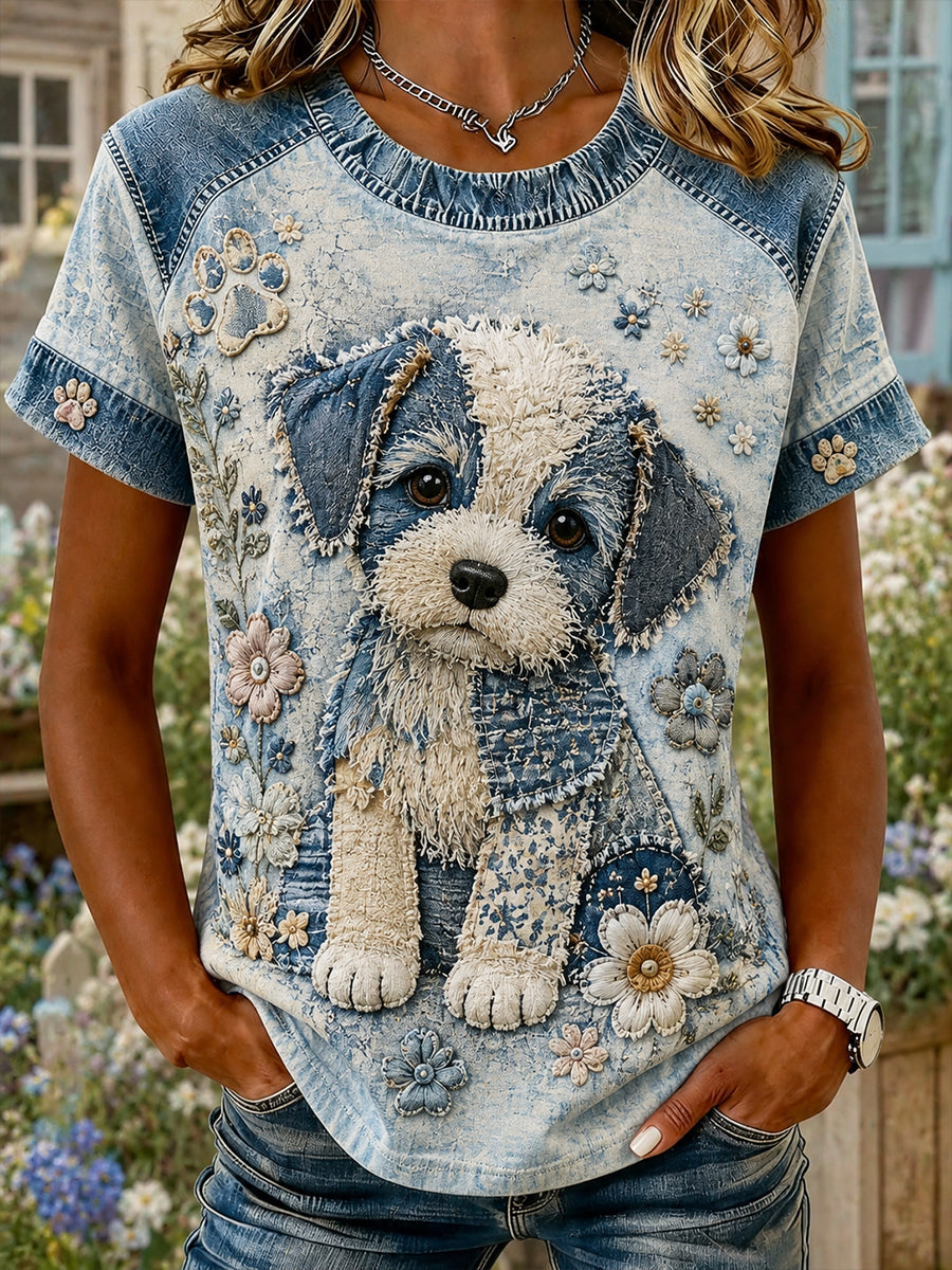 Kvinders Vintage blomstervalpy kollage Casual kort ærmet T-shirt