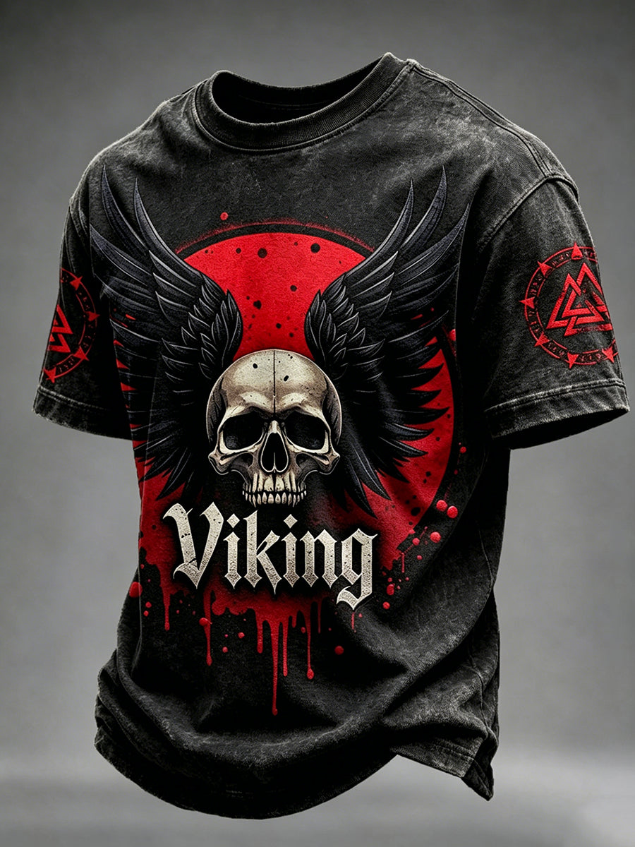 Mænds Vintage Viking Skull med vinger kunst print korte ærmer T-shirt