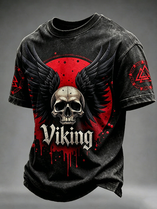 Mænds Vintage Viking Skull med vinger kunst print korte ærmer T-shirt