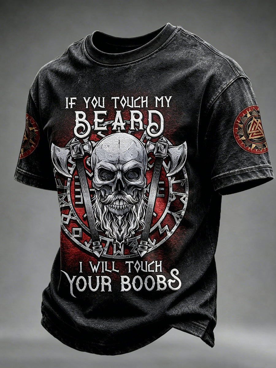 Mænds Viking Hvis du rører min skæg Skull Print korte ærmer T-shirt