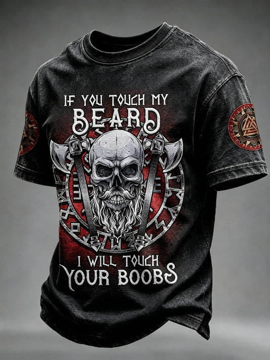 Mænds Viking Hvis du rører min skæg Skull Print korte ærmer T-shirt