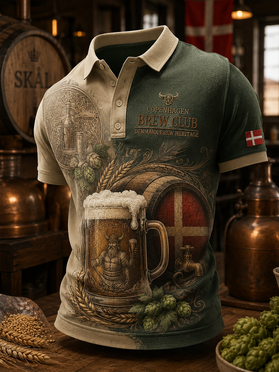 Mænds retro poloshirt med vikingemotiv og korte ærmer