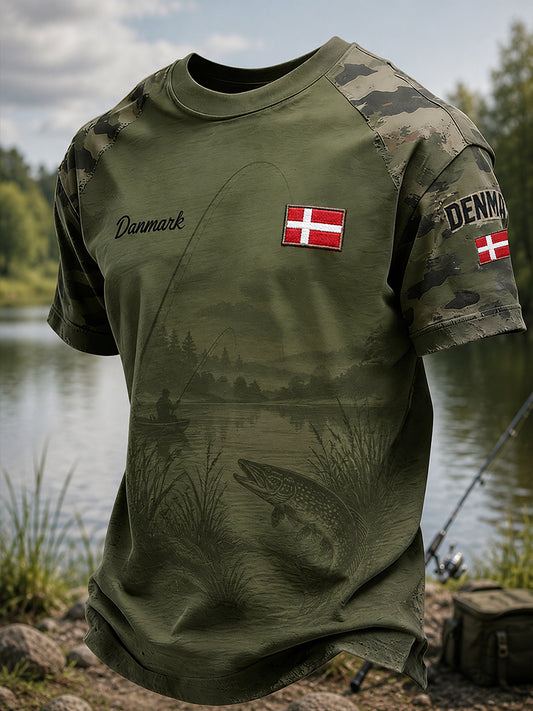 Mænds retro camouflagefiskeri elementprint t-shirt med korte ærmer