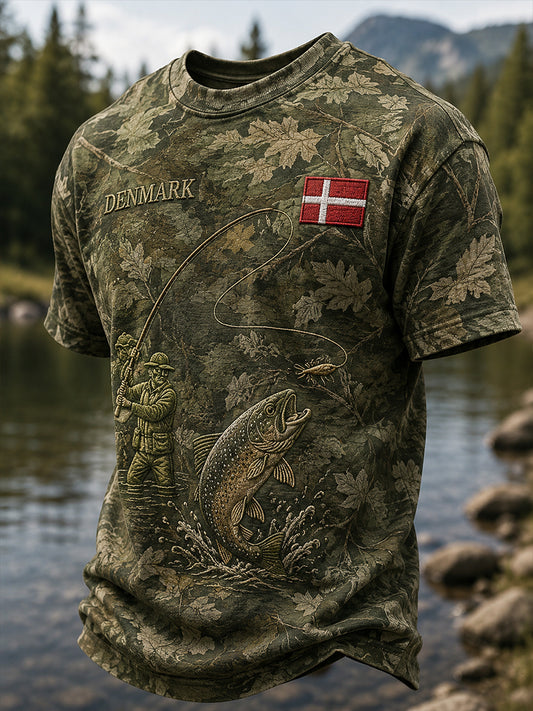 Mænds Retro Camouflage Fiskerement Print Kortærme T-shirt