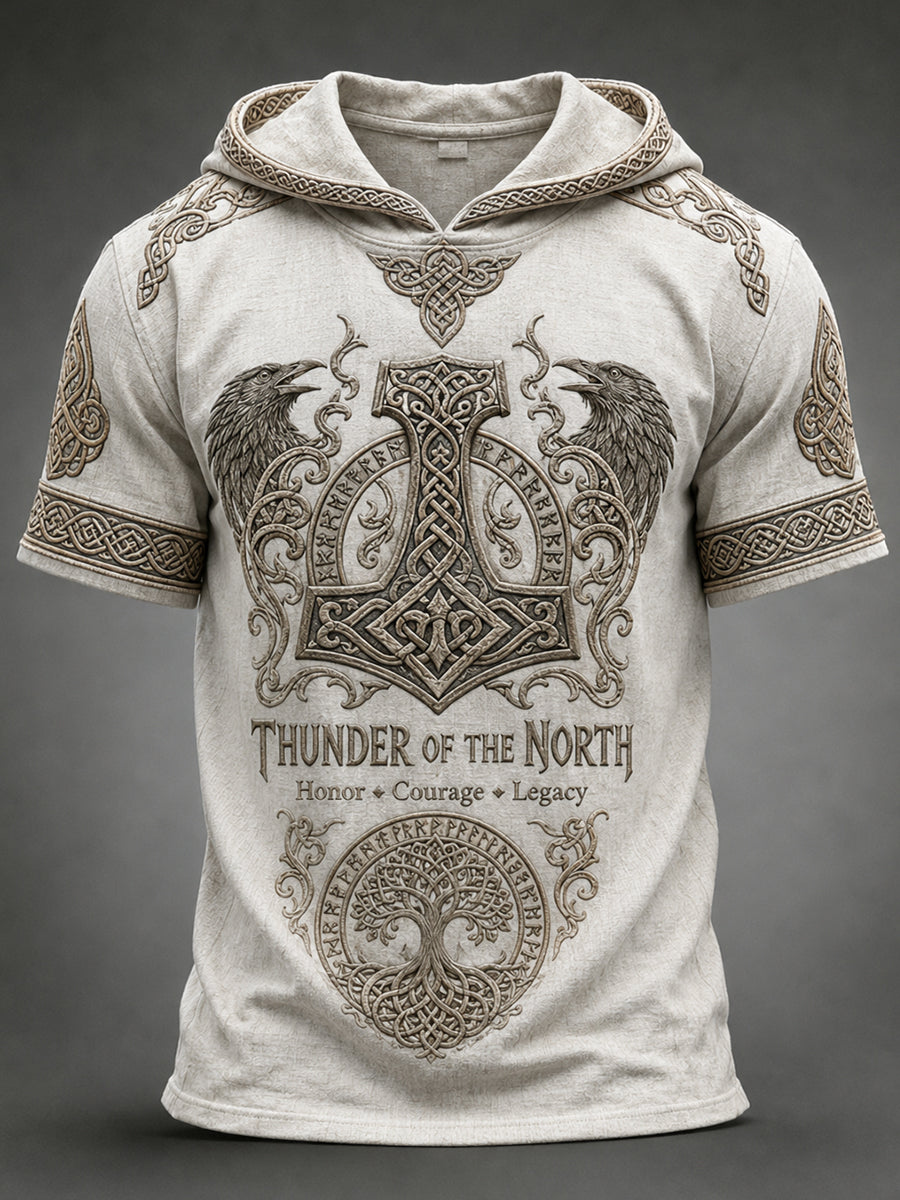 Mænds Retro Viking Print Kort-ærme hættet øverst