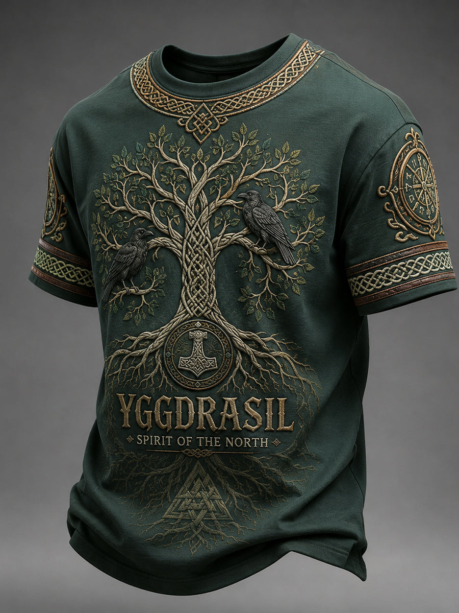 Mænds retro vikingemotiv-print t-shirt med korte ærmer