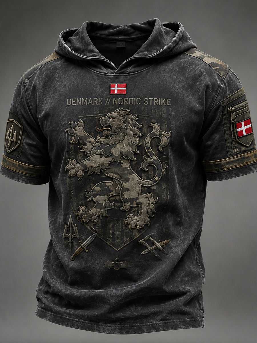 Taktisk camouflageprint top med korte ærmer og hætte til mænd