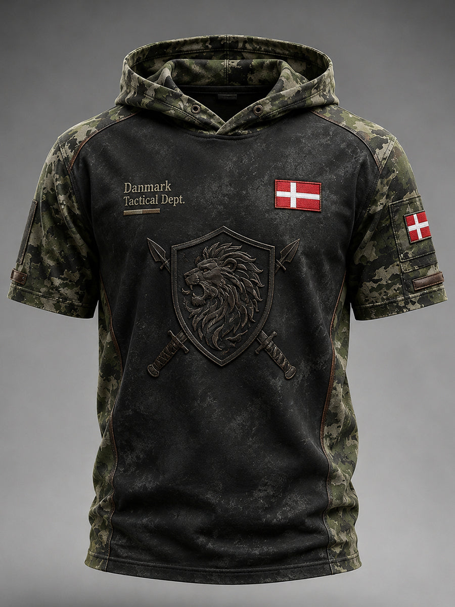 Taktisk camouflageprint top med korte ærmer og hætte til mænd