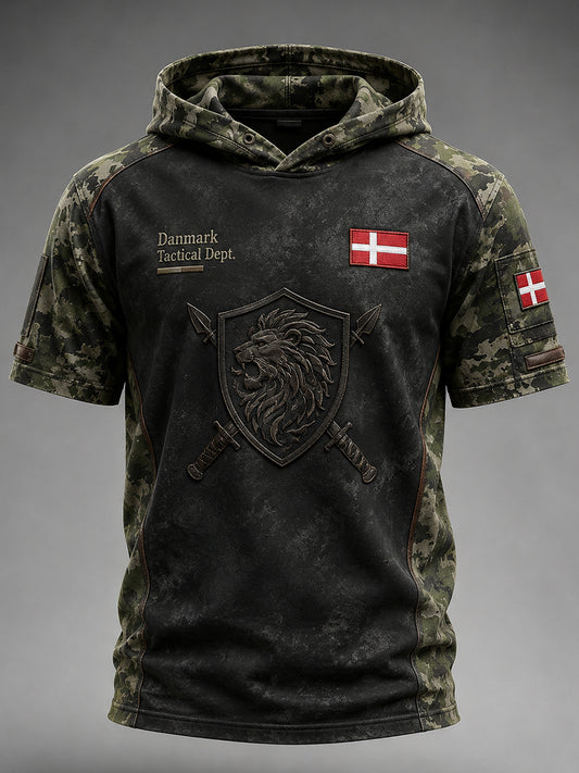 Taktisk camouflageprint top med korte ærmer og hætte til mænd
