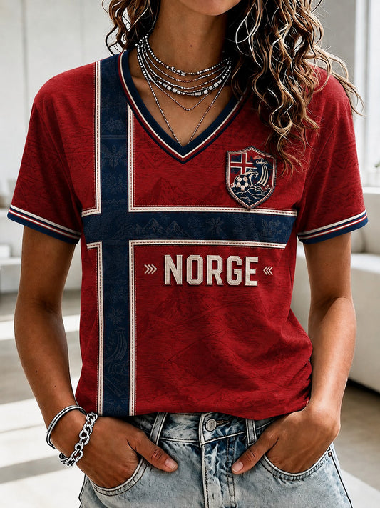 Kvinner Norge Fotball Trykt V-utfelling T-skjorte
