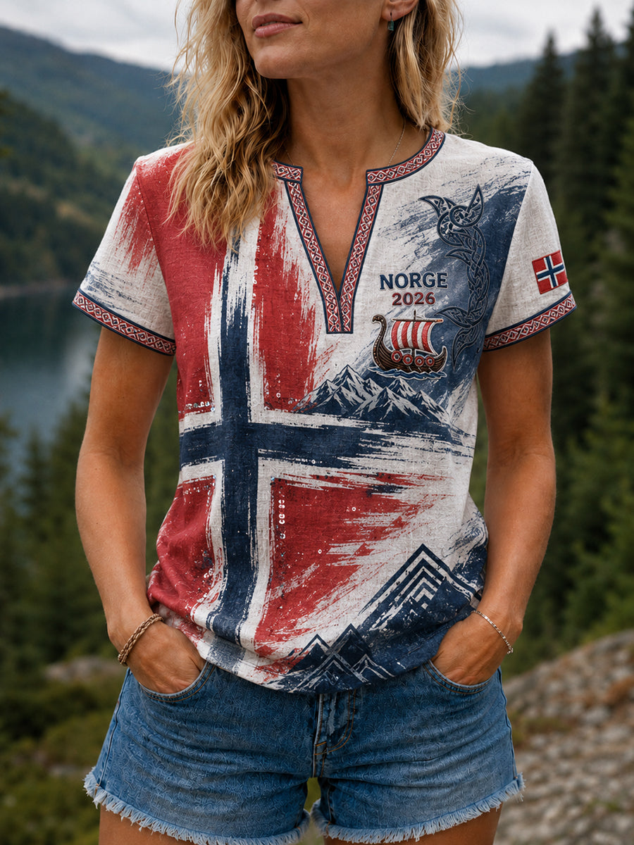 Damegenser med fotballmotiv «Heia Norge» i bomull-lin-stoff