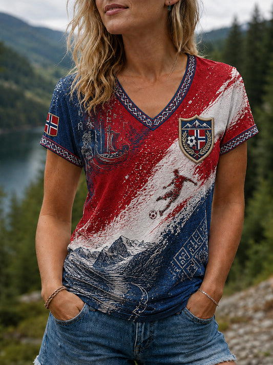 Dame-T-skjorte med fotballmotiv «Heia Norge»