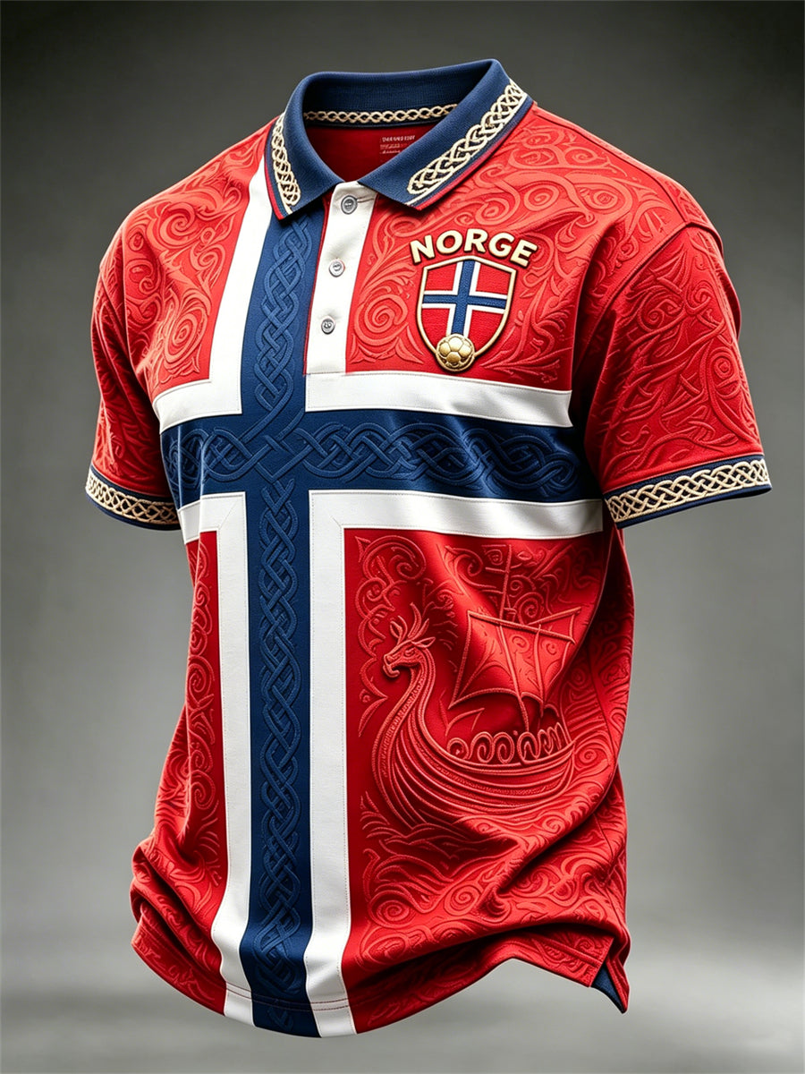 Herre-Norge fotball vikingskips-keltisk Norgesflagg fargeblokk-print poloskjorte