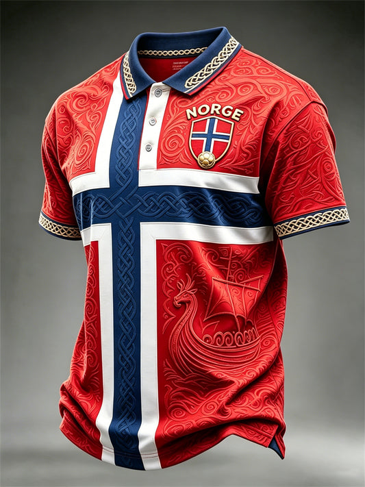 Herre-Norge fotball vikingskips-keltisk Norgesflagg fargeblokk-print poloskjorte