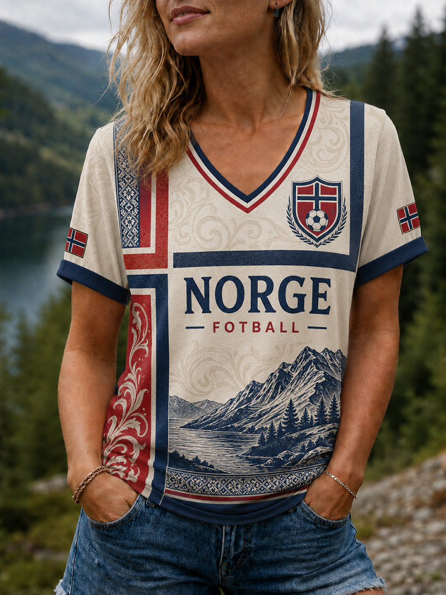 Dame-T-skjorte med fotballmotiv «Heia Norge»