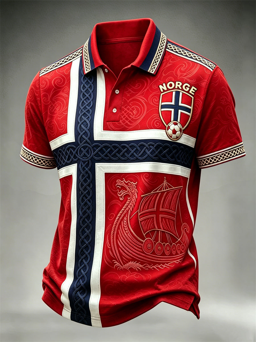 Herre-Norge fotball vikingskips-keltisk flagg fargeblokk-print poloskjorte