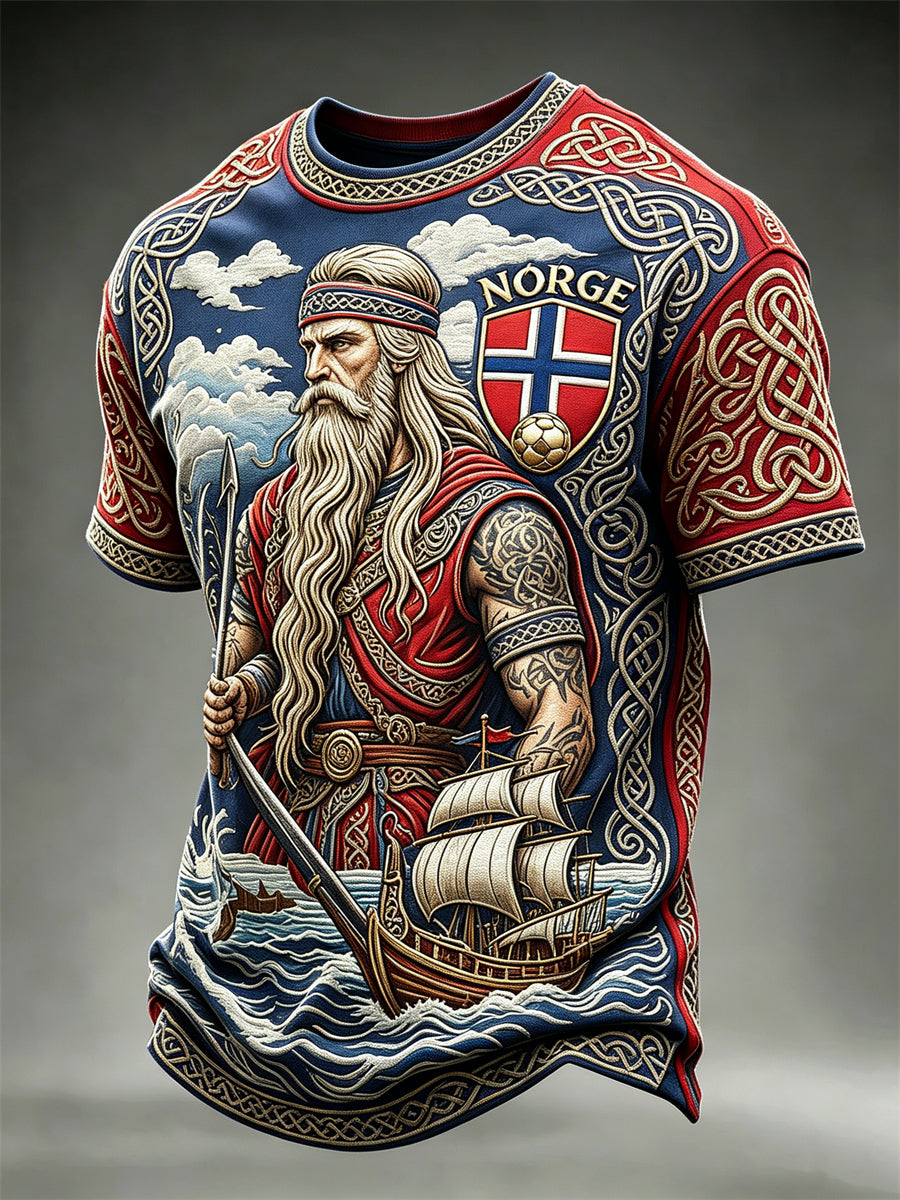 Menns fotball-T-skjorte fra Norge med motsetningsrikt print av vikingkriger og keltisk knuteflagg, kortermet