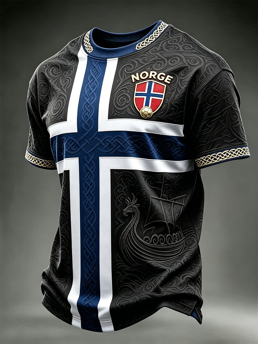 Herre-T-skjorte med kortermer, vikingeskipsmotiv fra Norge, fotball- og flaggtrykk i kontrastfarger