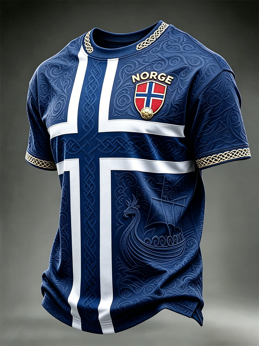 Herre-T-skjorte med kortermer, vikingeskipsmotiv fra Norge, fotball- og flaggtrykk i kontrastfarger