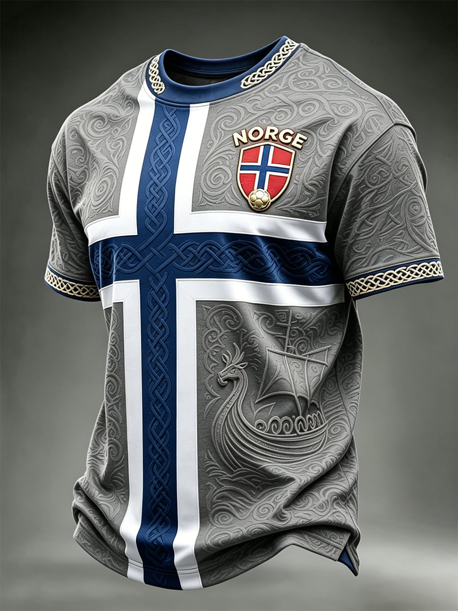 Herre-T-skjorte med kortermer, vikingeskipsmotiv fra Norge, fotball- og flaggtrykk i kontrastfarger