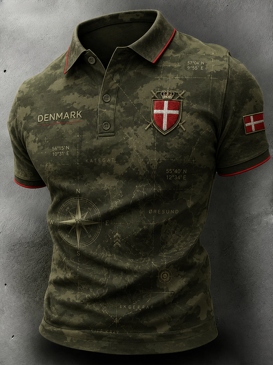 Mænds retro militærpolo med camouflageprint og korte ærmer