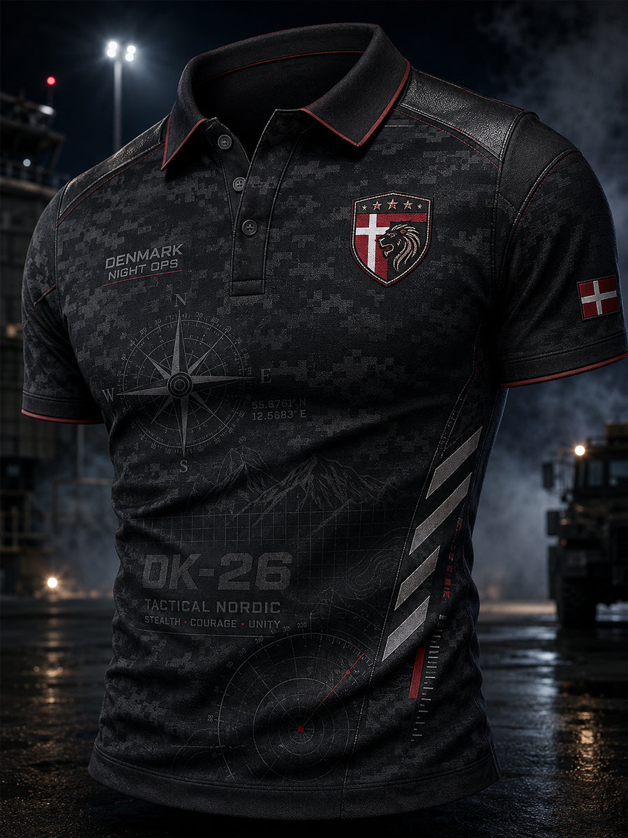Mænds retro militærpolo med camouflageprint og korte ærmer