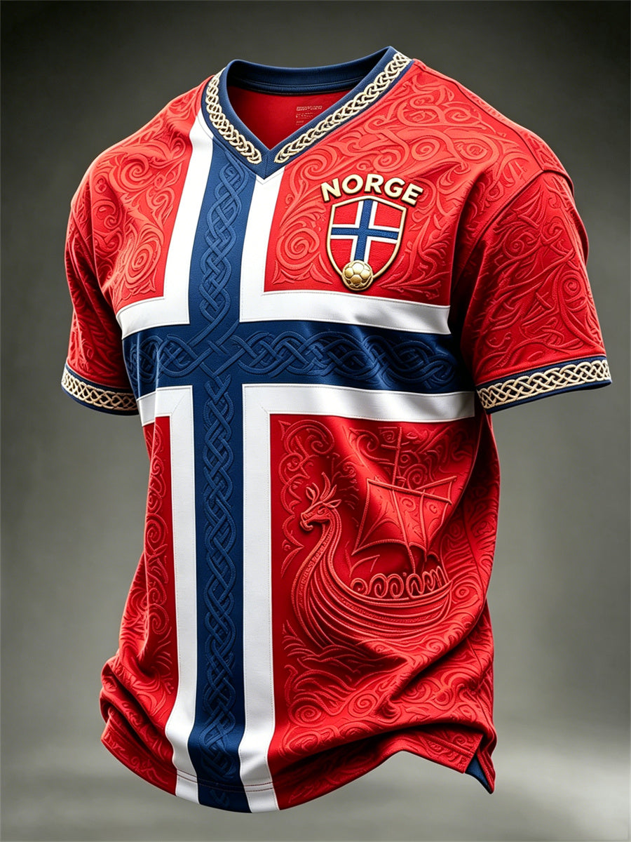 Menns Norge fotball Viking skip Celtic Knota Flag Fargeblock Skriv ut korte ermer t-skjorte