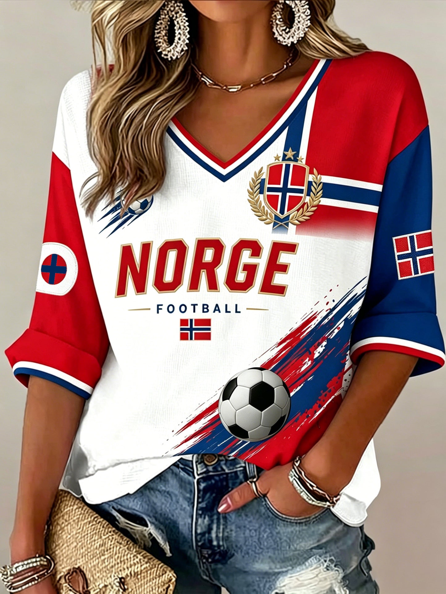 Kvinnernes fotballmatch kunst print V-Nek