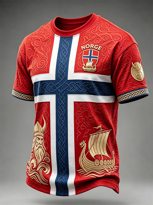 Kjempeflott vintage viking-/keltiskmønstret herre-T-skjorte med kortermet, inspirert av norsk fotball