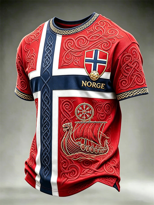 Menns Norge fotball viking vegvisir og skip keltisk knute flagg trykk t-skjorte med kort ermer