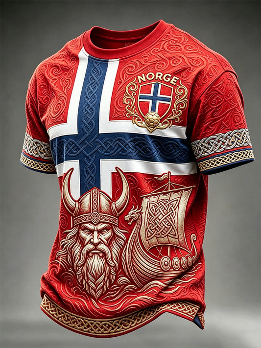 Vintage viking-inspirert trykk herre-T-skjorte med korte ermer for fotballfans fra Norge