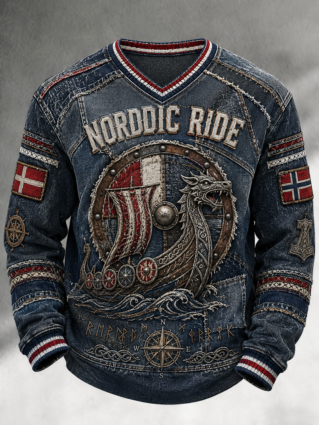 V-udskæring dansk vikinger retro mode løs langærmet sweatshirt