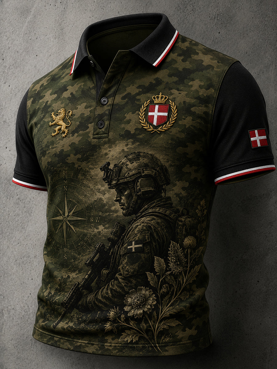 Mænds poloshirt med korte ærmer og vintagemønster i militærstil