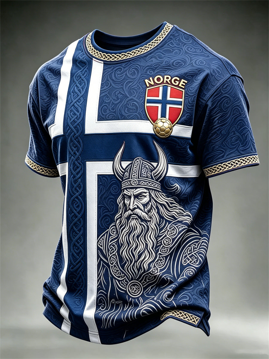 Herre-Norge fotball Vikingkriger keltisk knute flagg fargeblokktrykk t-skjorte med kortermer