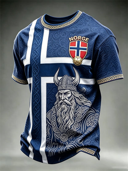 Herre-Norge fotball Vikingkriger keltisk knute flagg fargeblokktrykk t-skjorte med kortermer