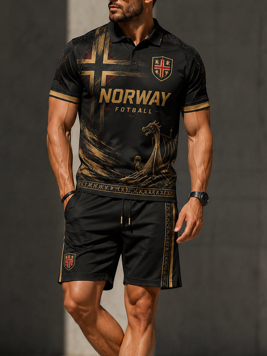 Herresett med poloskjorte med viking- og fotballmotiv og kortermet design