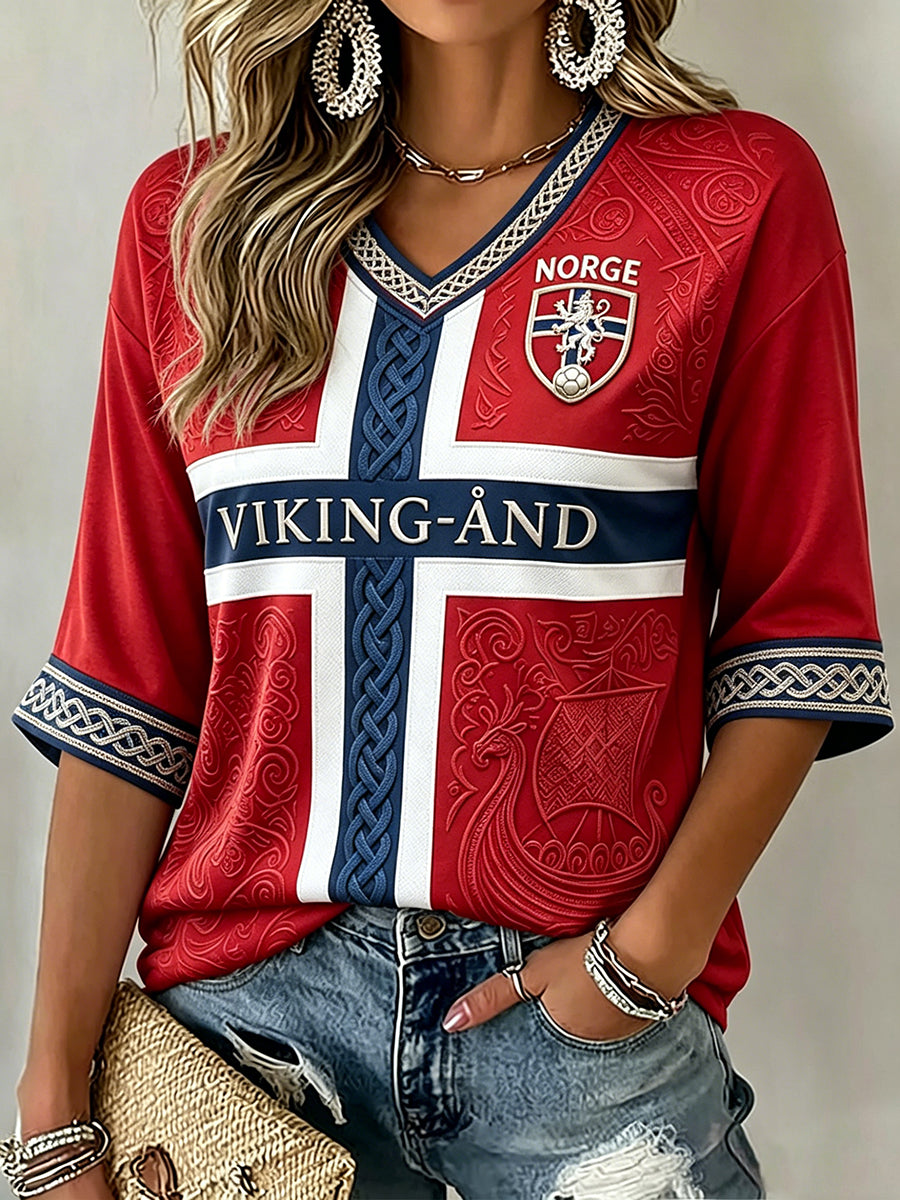 Kvinners viking-keltisk kunst fotballinspirert trykk midtlange ermer V-utringning t-skjorte