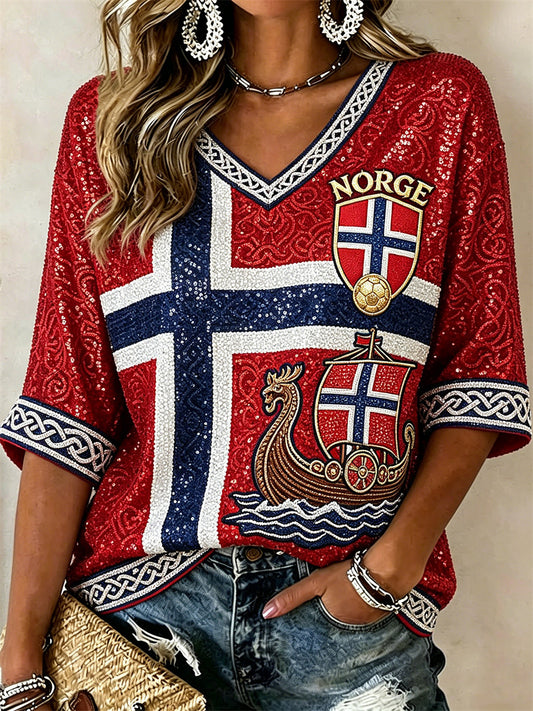 Kvinnerfotball Vikingeskip Celtic Knut flagg Glitter Skriv ut mellom lengde V-hals T-shirt