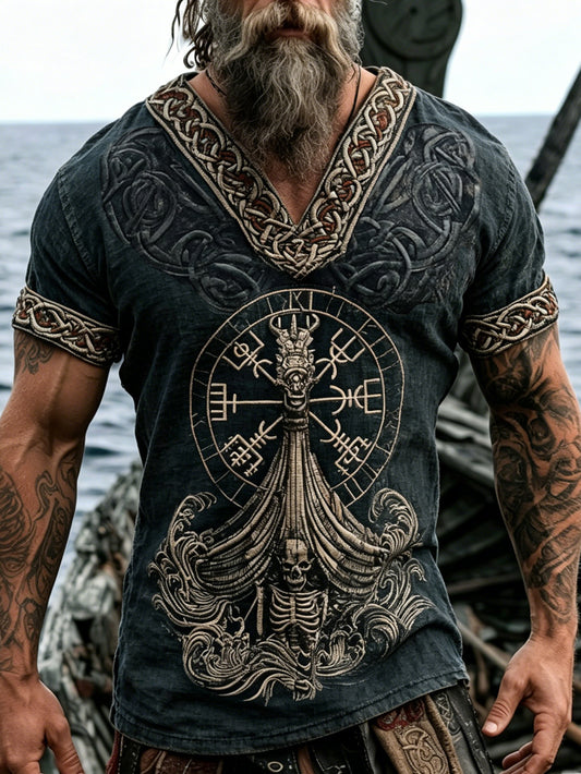 Mænds retro vikingepirat-T-shirt med kranieprint i bomuld og hør