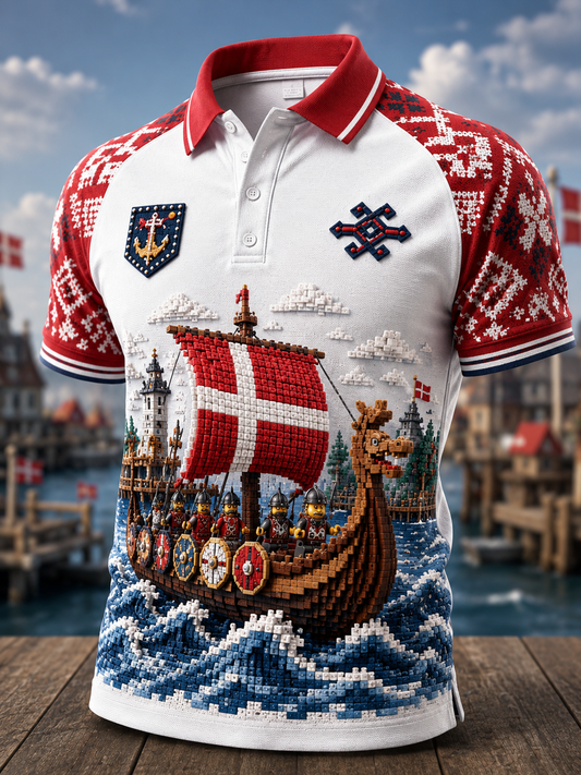 Mænds dansk vikingetid kunstprint poloshirt