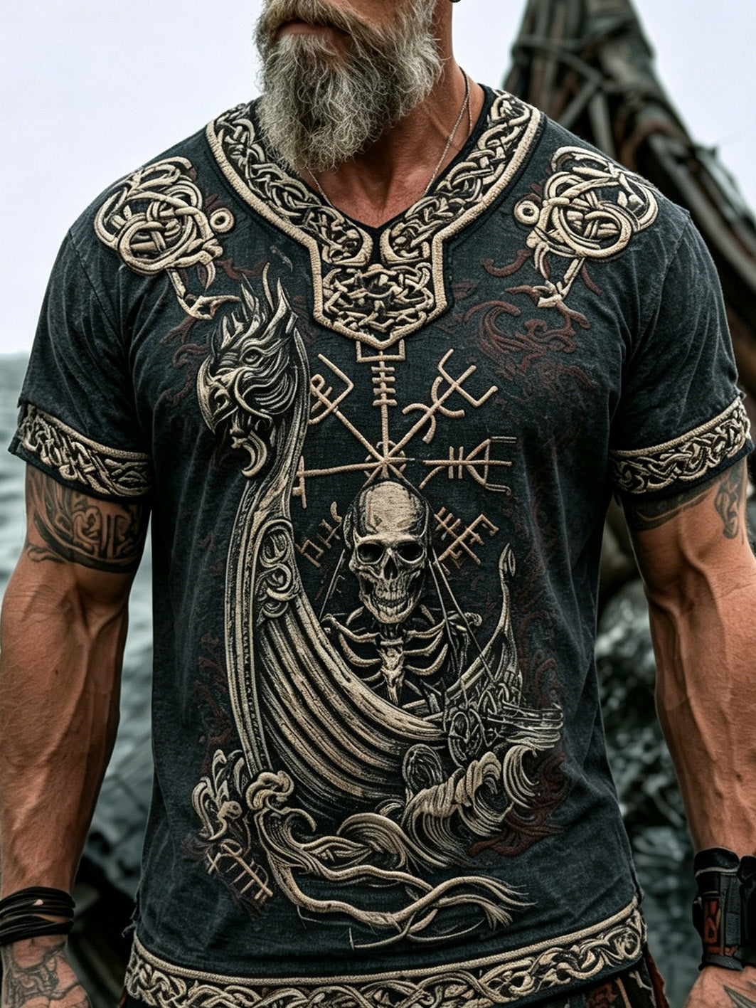 Mænds retro Viking pirat kranie mønster trykt bomuld og linned T-shirt