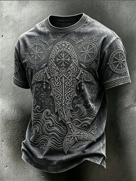 Mænds Retro Viking Ocean Animal Mønster Trykt vasket T-shirt