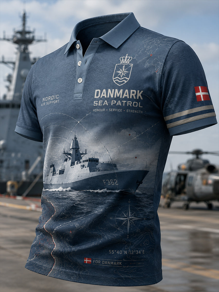 Mænds poloshirt med korte ærmer og vintagemønster i militærstil