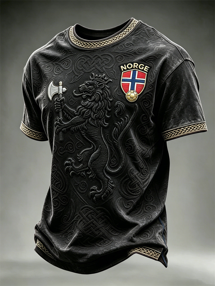 Herre-T-shirt med kort ærme fra Norway Football, printet med løve, viking og keltisk knude