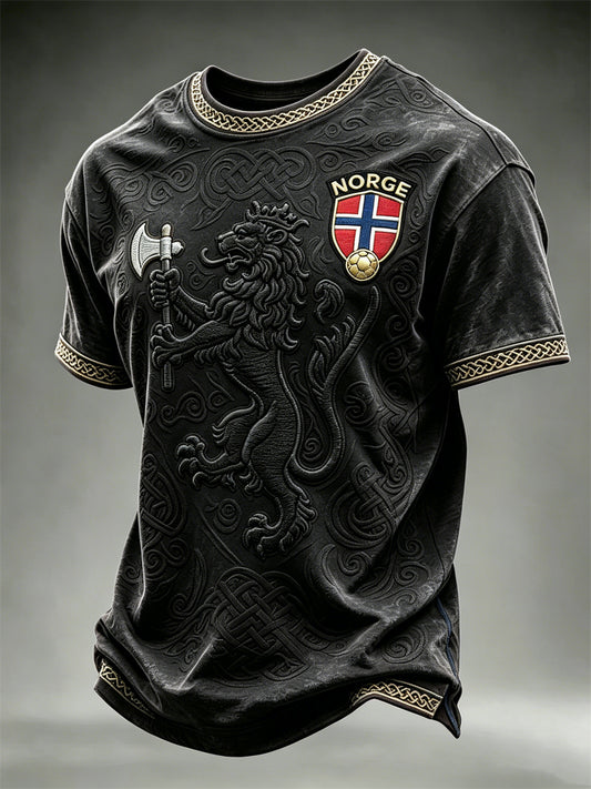 Herre-T-shirt med kort ærme fra Norway Football, printet med løve, viking og keltisk knude