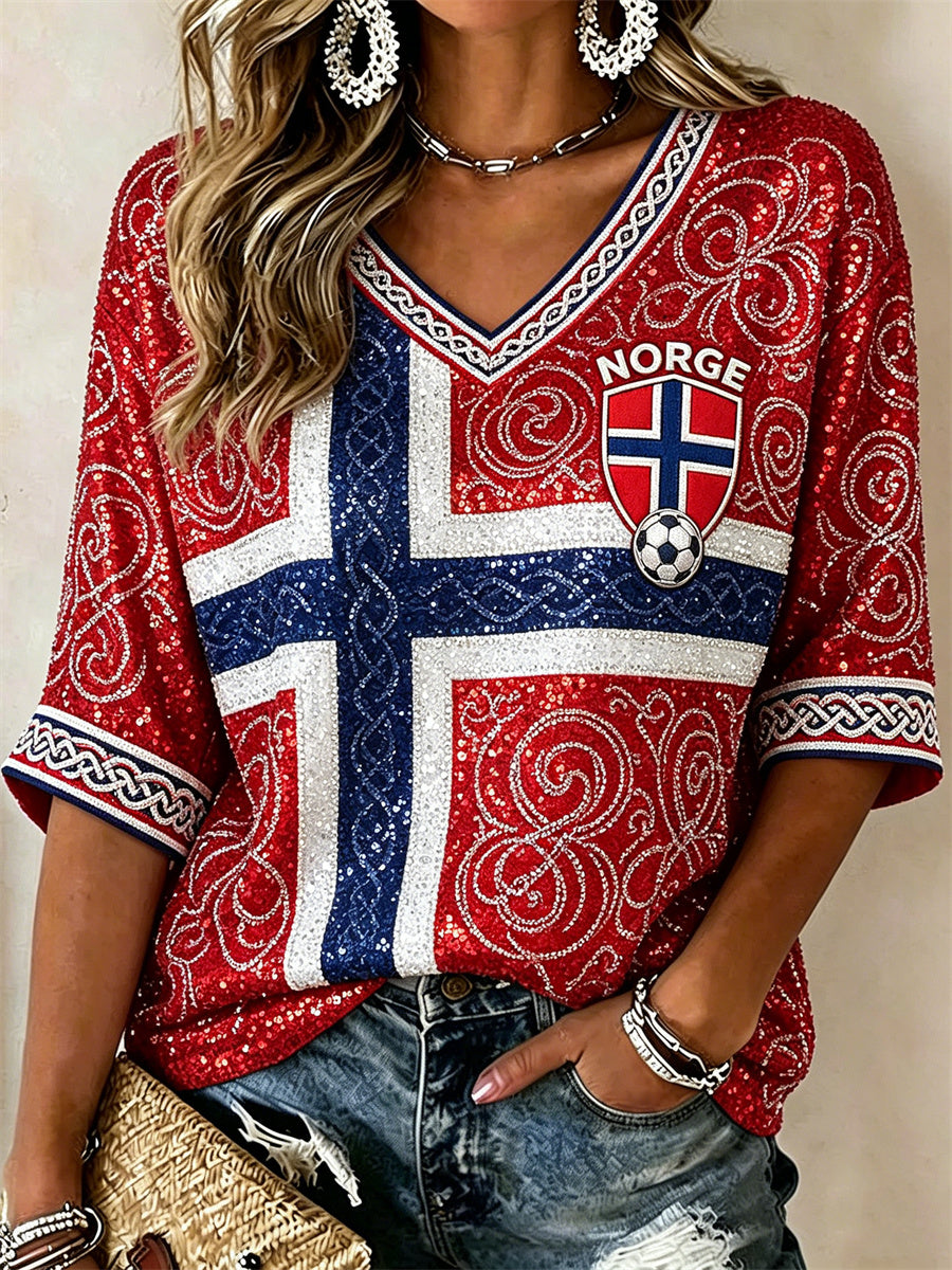 Kvinders Norge-fodbold Viking-keltisk knudeflag inspireret glimmerprint midlengde ærmer V-udskæring T-shirt