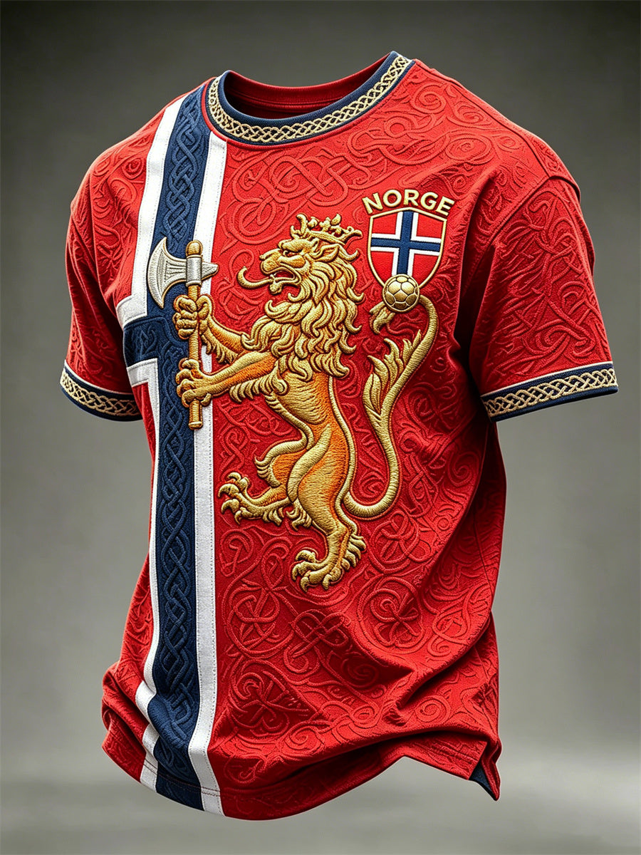 Herre-T-shirt med norsk fodboldmotiv, løve, viking, keltisk knude og flag – print på ærmerne