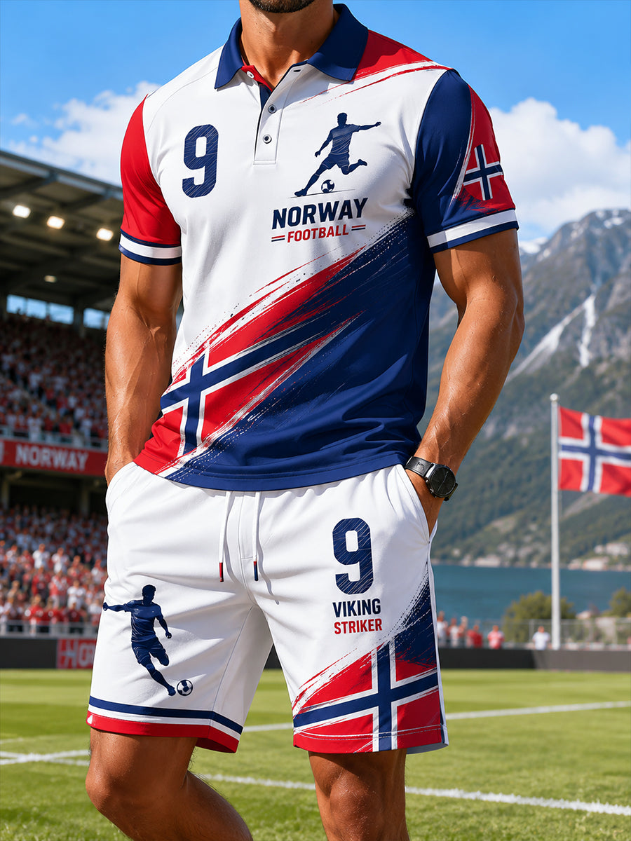 Herresæt med poloshirt og shorts med kort ærme og fodboldmotiv